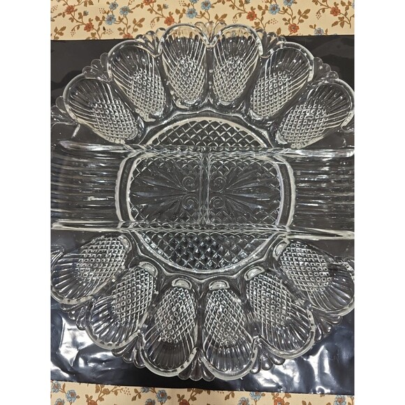 Vtg LE Smith Cut Glass Deviled Egg Plate Relish Platter Pineapple Round 10.5" - Picture 3 of 8